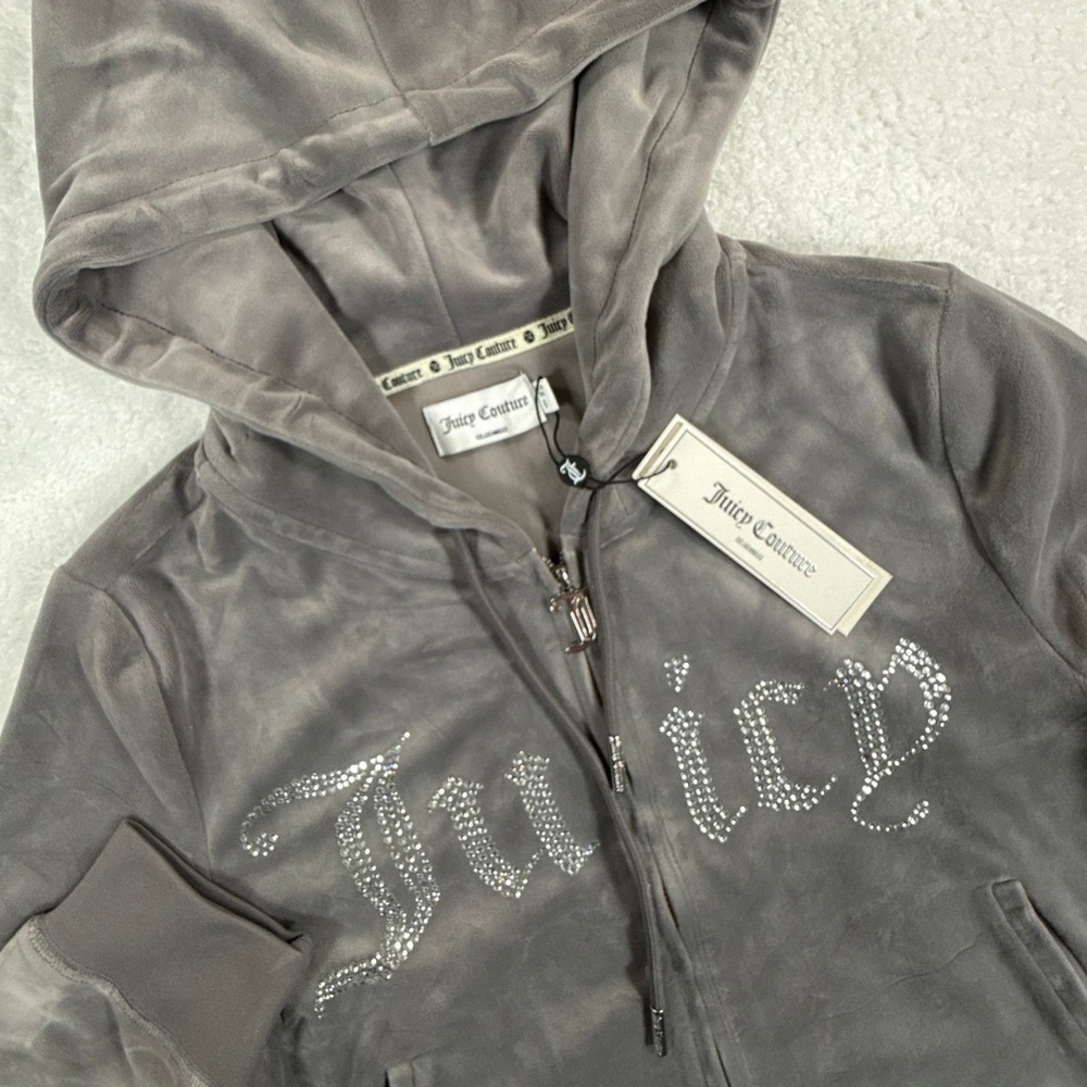 Juicy Couture Medium Steal A Look Grey Rhinestone Velour Zip Bling Hoodie NWT